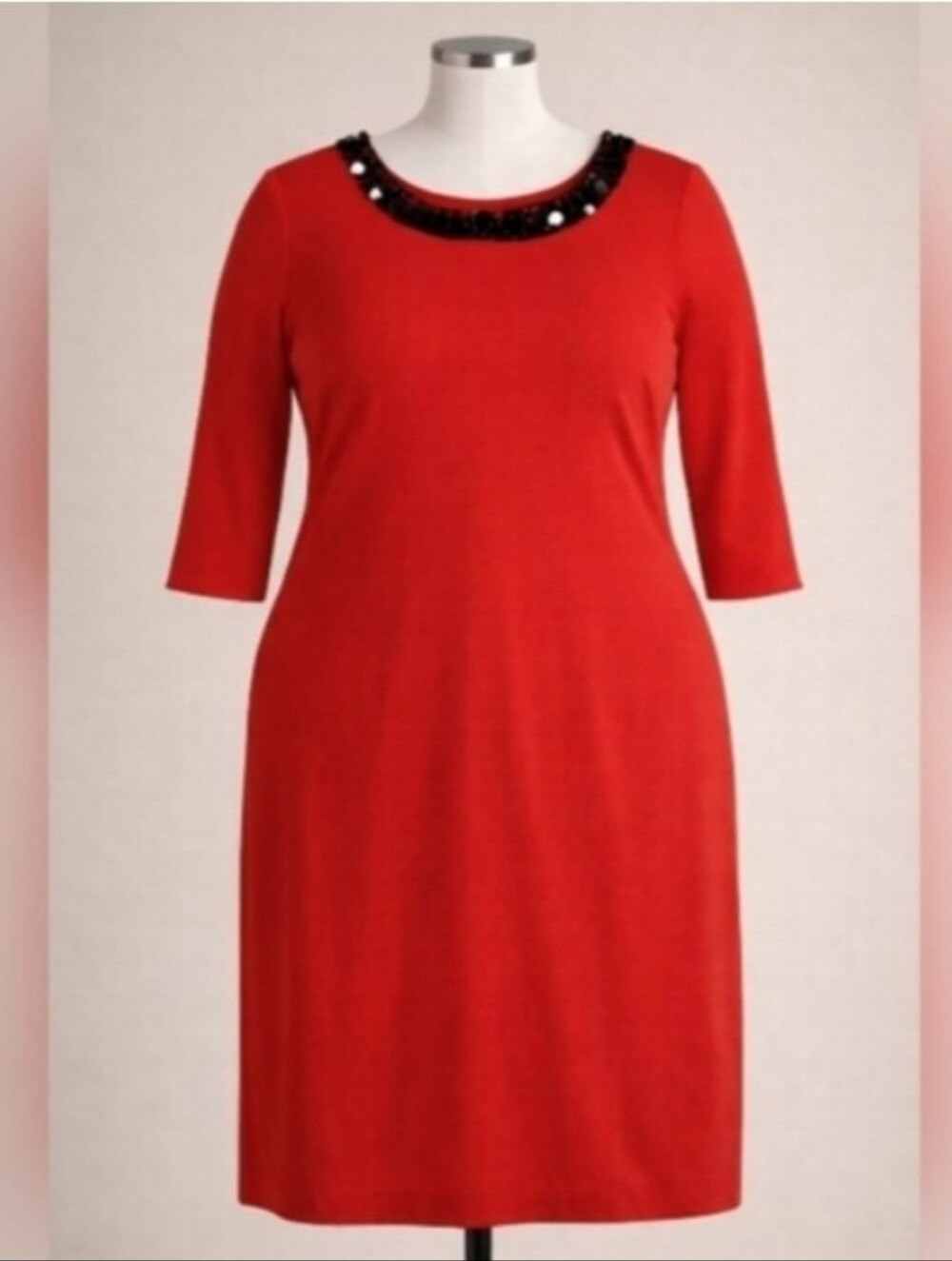 Leslie Fay Red Midi Dress With Black Studded Neck Line Size 16